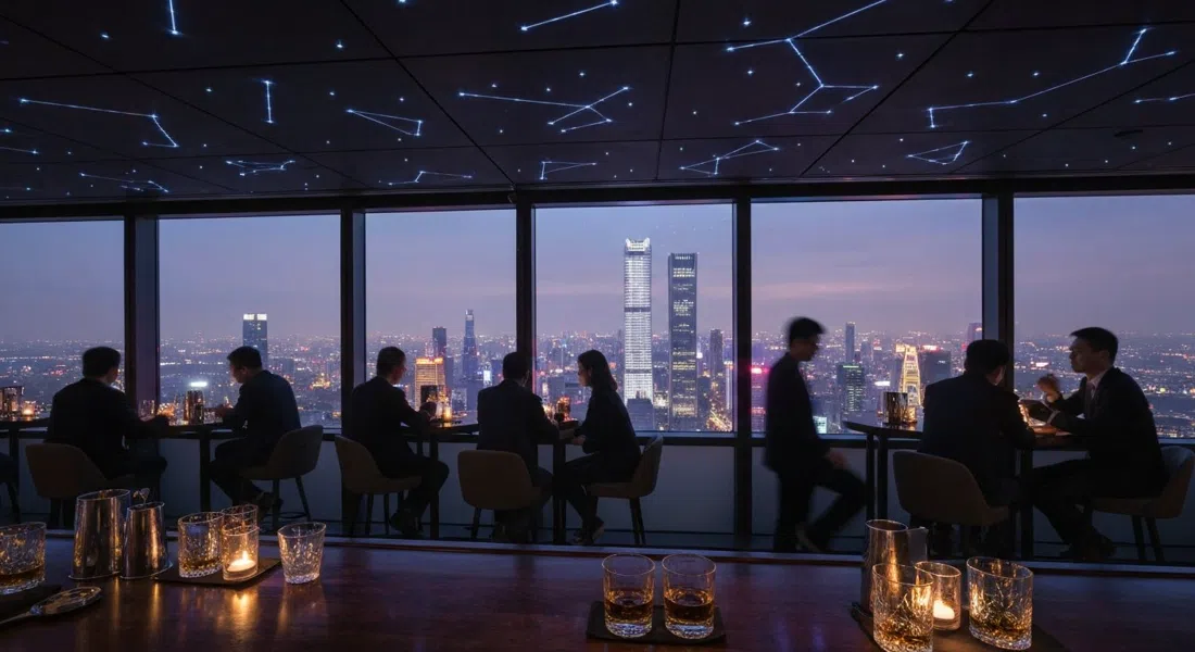 Atmosphere bar på 80. etage med et konstellation-oplyst loft, single-malt-glas og den oplyste CBD-skyline, der breder sig ud over vinduerne