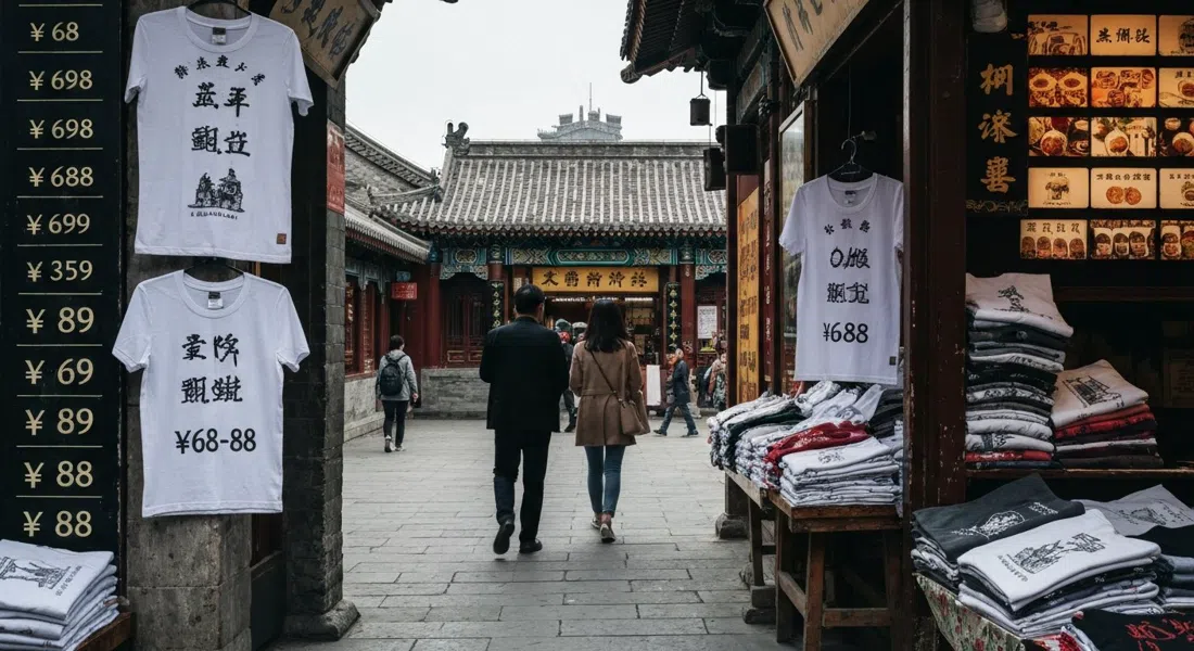 Camisetas de Plastered 8 en Nanluoguxiang, camisetas dobladas estampadas con iconos del viejo Pekín y etiquetas de precio alrededor de ¥68–88