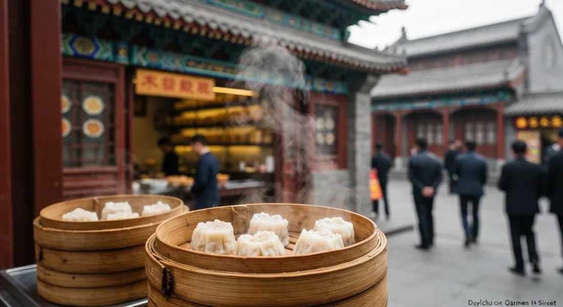 una cesta de bambú humeante de shaomai en Duyichu en la calle Qianmen, el histórico escaparate visible detrás del mostrador
