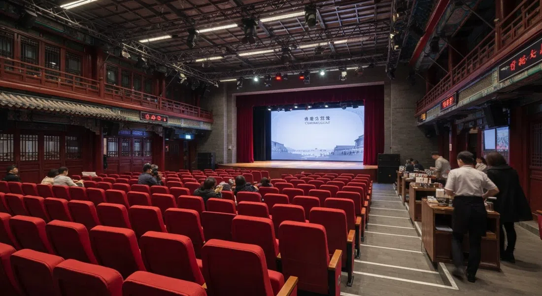el escenario interior íntimo de Deyun Community en Dashilar, asientos rojos y un pequeño espacio de actuación de crosstalk iluminado para el horario nocturno