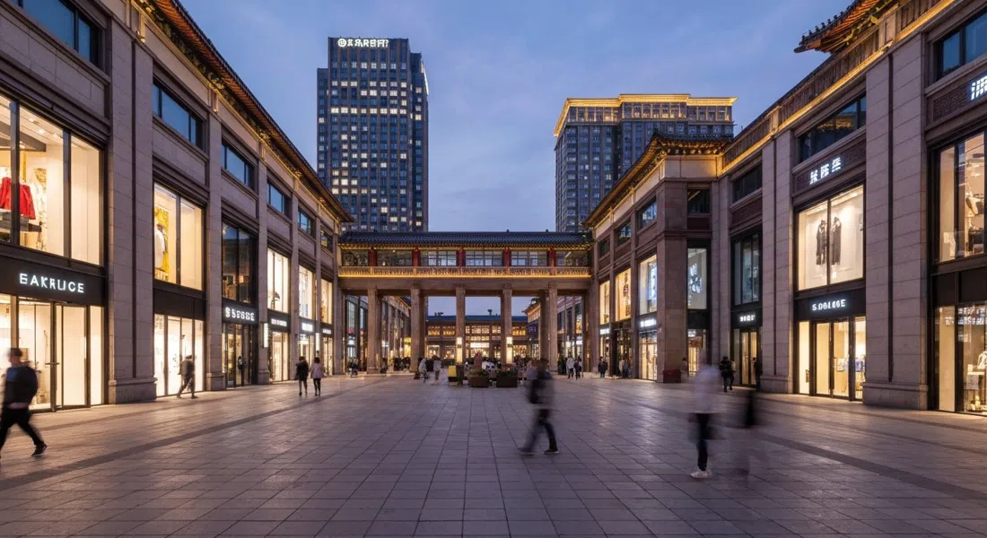 Los patios al aire libre de Taikoo Li Sanlitun al atardecer, edificios comerciales bajos brillando entre tiendas de lujo y compradores paseando