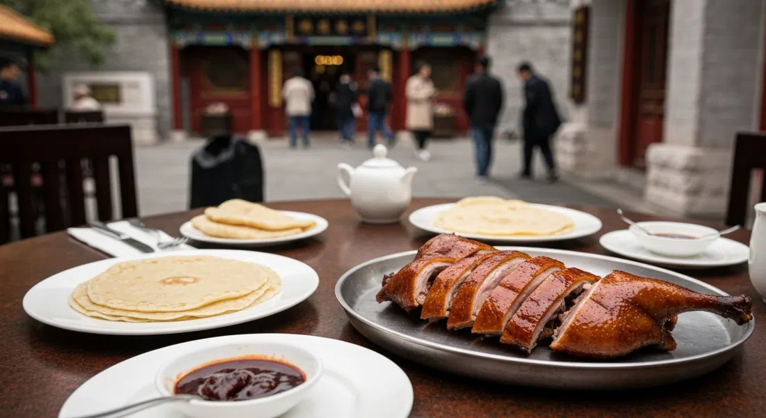 El pato laqueado tallado y el servicio de panqueques en Duck de Chine en 1949 The Hidden City, piel brillante, panqueques finos y salsa ciruela sobre una mesa pulida