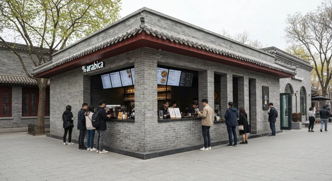 El pabellón de ladrillo gris con estilo de hutong de % Arabica en Taikoo Li, luz matinal sobre la cola y el mostrador de espresso
