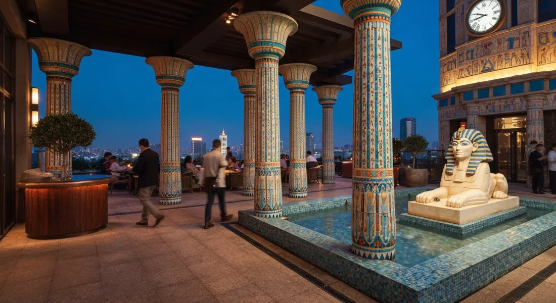 La terraza de temática egipcia de Luxe Lounge en el piso 13, pilares de azulejos y fuente de esfinge contra la noche de Pekín