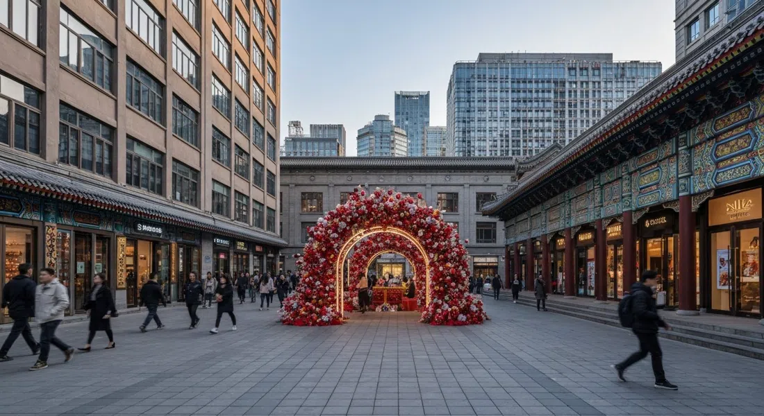 Una instalación de arte público estacional en el patio abierto de Taikoo Li Sanlitun, compradores moviéndose entre edificios bajos con luz de atardecer