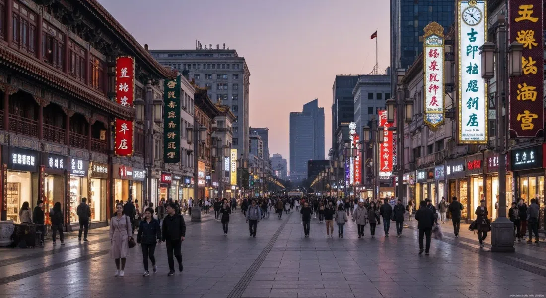 Avenida peatonal de Wangfujing al atardecer, con escaparates brillantes y un denso tráfico peatonal nocturno que se extiende hacia el norte a través del centro de Pekín