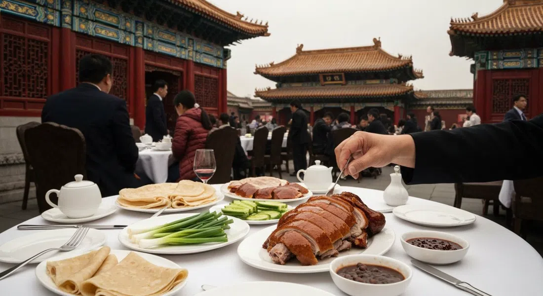 Pato laqueado de Pekín trinchado en Quanjude Wangfujing, con finas tortitas, cebolletas, pepino y salsa de judía dulce dispuestos sobre una mesa formal de restaurante