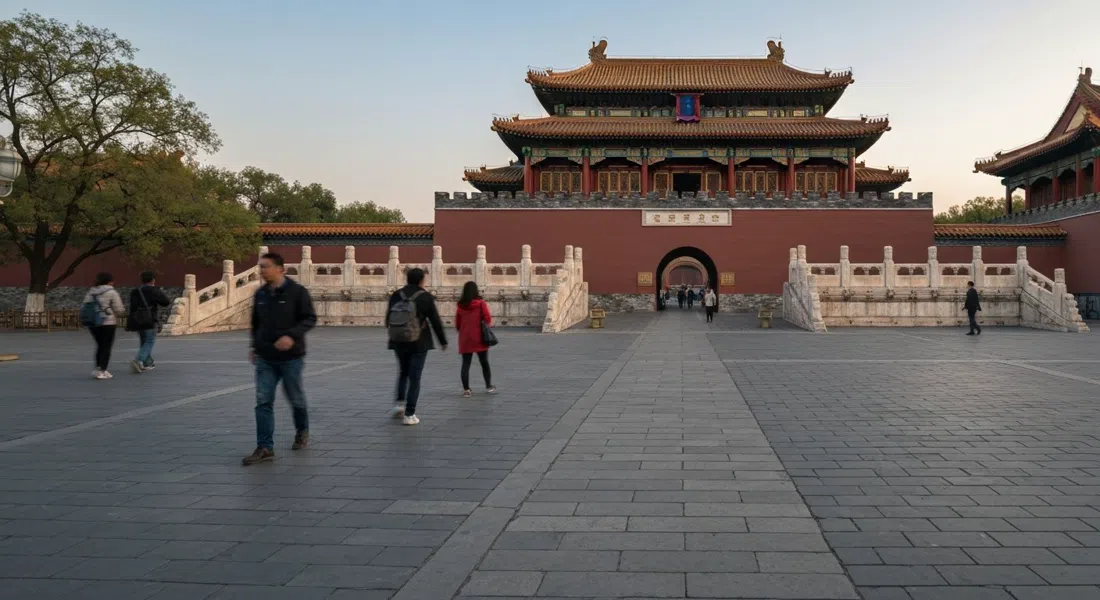 El acceso a la Puerta Este de la Ciudad Prohibida en la luz temprana de la mañana, pavimento de piedra tranquilo y muros del palacio justo más allá de Wangfujing