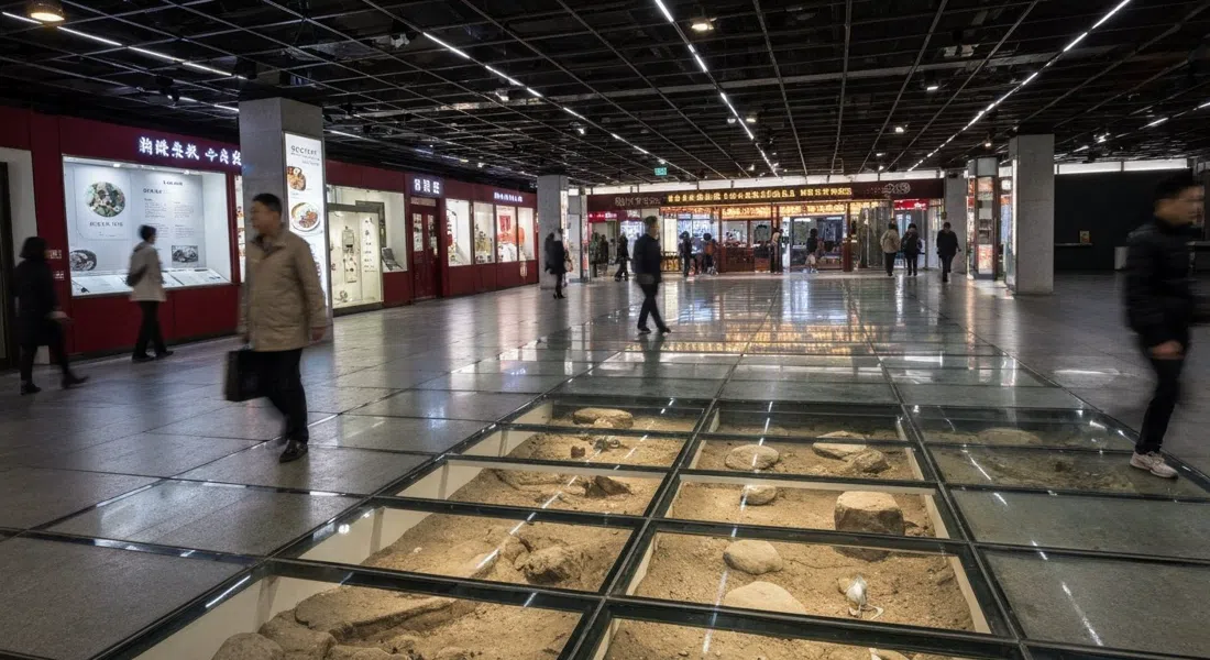 El Museo Paleolítico de Wangfujing bajo un suelo de cristal en el sótano de Oriental Plaza, excavación conservada e iluminación de exposición de la Edad de Piedra