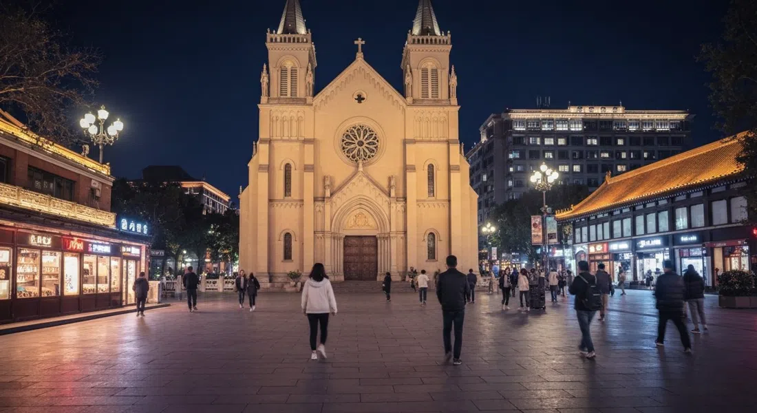 Iglesia de San José (Catedral del Este) iluminada por la noche, fachada neorrománica y plaza abierta cerca de Wangfujing