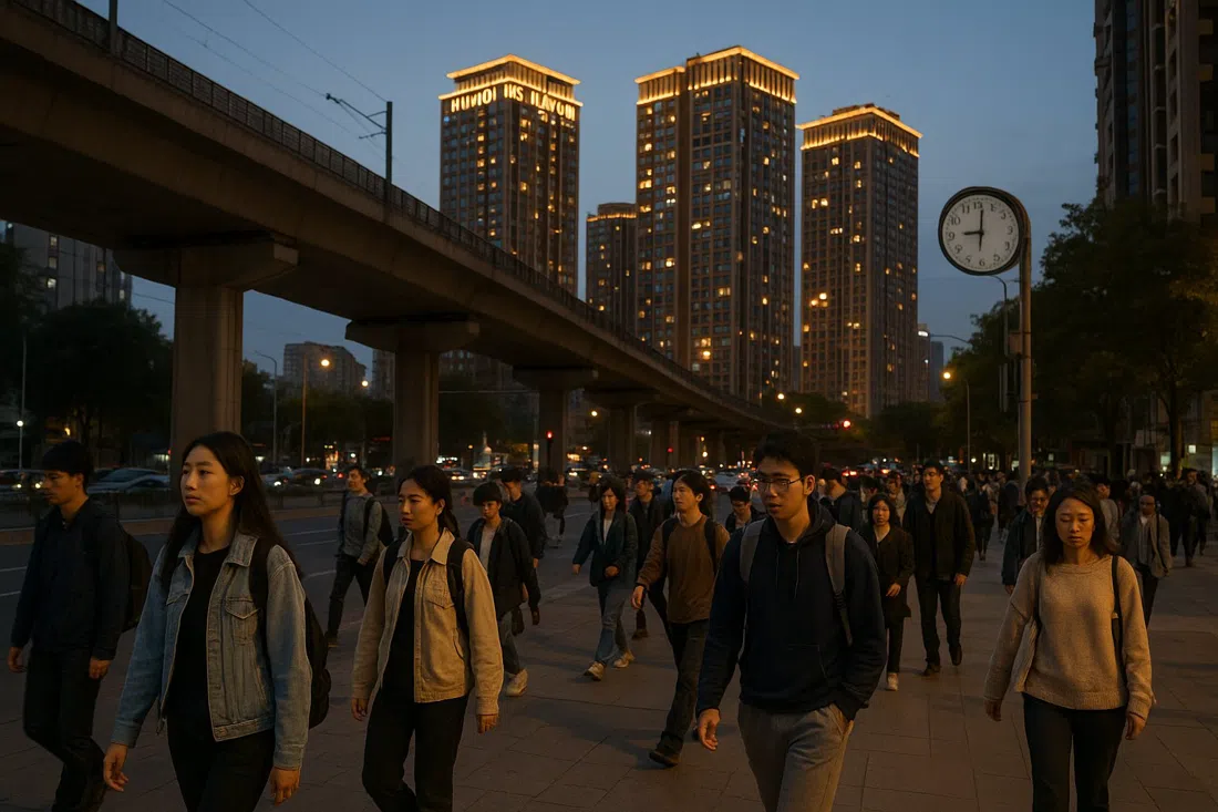 Chengfu Road vor dem Wudaokou-Bahnhof in der Dämmerung, mit den erhöhten Gleisen der Linie 13 oben, erleuchteten Huaqing-Jiayuan-Türmen und Studenten, die den Bürgersteig füllen