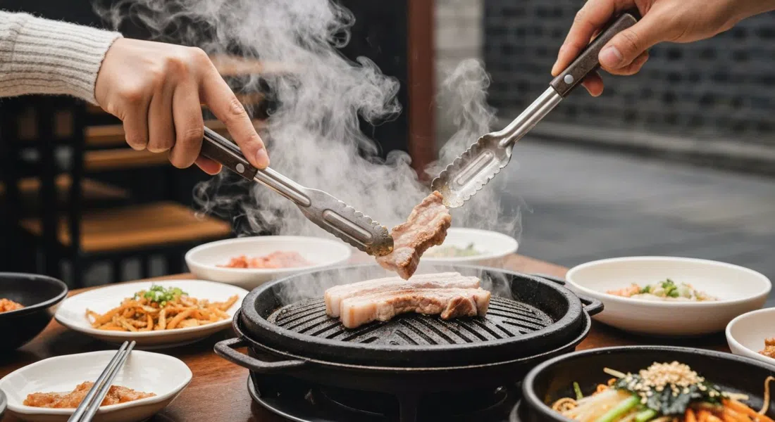 Gegrillter Schweinebauch und Bibimbap im Han Na Shan, Dampf steigt aus einem heißen Steintopf und Metallgrillzangen wenden das Fleisch am Tisch