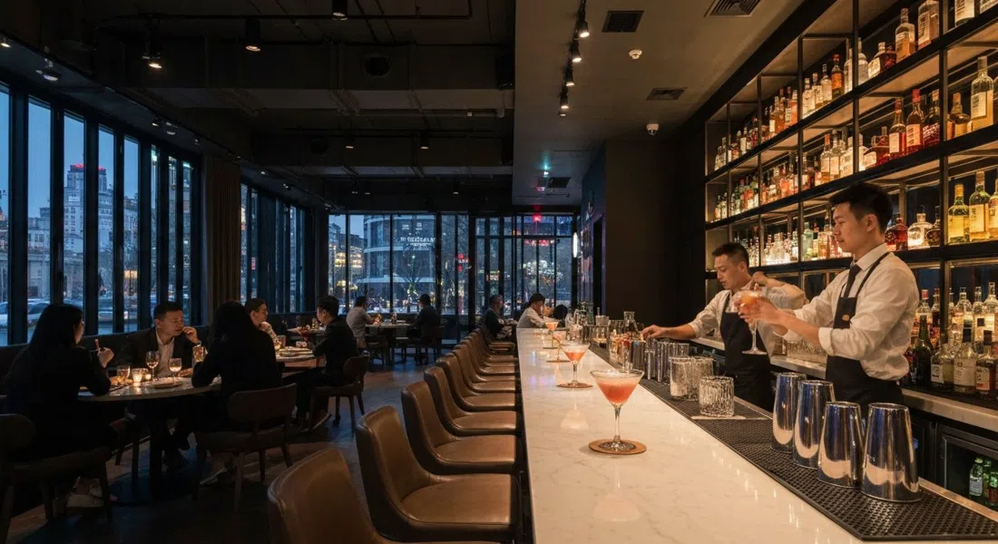 Das gedämpfte Innere von Catail im Huaqing-Geschäftsturm, weiches Licht an der Bar, ein Barkeeper schüttelt einen Cocktail und eine ruhige Date-Night-Atmosphäre
