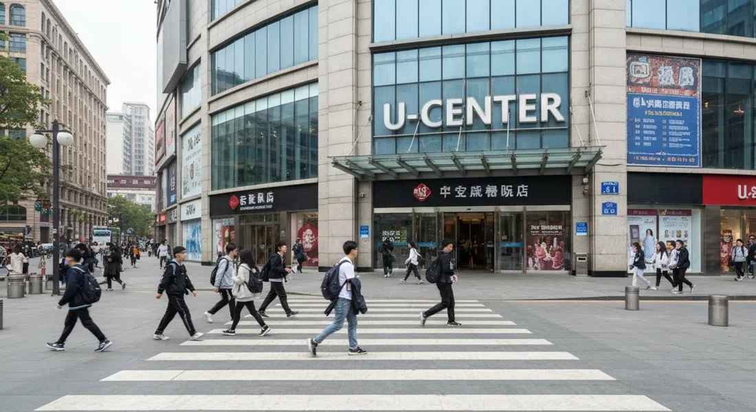 Die Außenansicht des U-Centers in der Chengfu Road 28 nahe dem Wudaokou-Bahnhof, mit Ladenschildern, Studenten, die den Platz überqueren, und dem Eingang des Einkaufszentrums bei Tageslicht