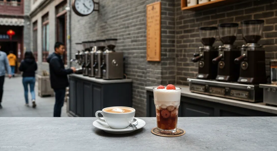 un flat white y un café infusionado con lichi en la barra de Metal Hands en el Hutong Wudaoying, con máquinas de palanca vintage y paredes de ladrillo gris detrás