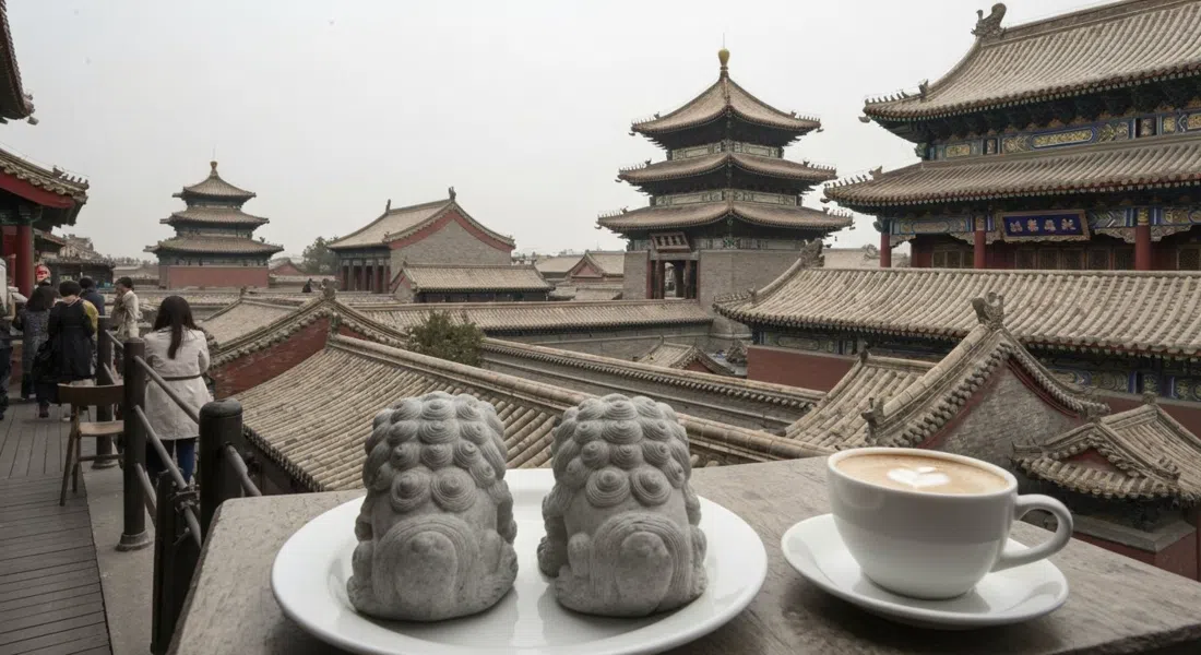 la terraza del tercer piso en Full Ding Coffee frente a los techos del Templo de la Lama, con un plato de tartaletas de león de piedra y una taza de café en primer plano
