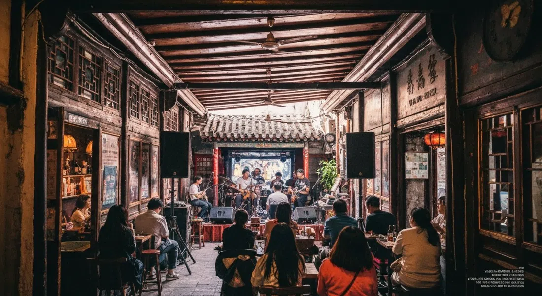 el interior estrecho de V.A. Bar en el n.º 13 del Hutong Wudaoying, con un pequeño escenario, sistema de sonido compacto y un público reunido para una jam session en vivo
