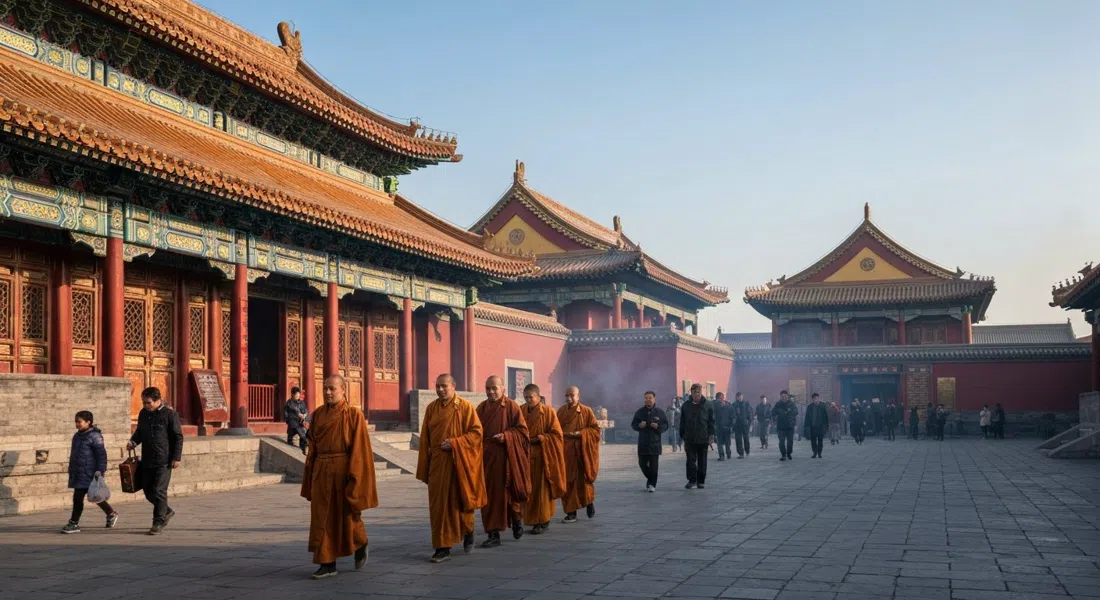 peregrinos y monjes moviéndose por los patios del Templo de la Lama cerca de la Puerta Zhaotai, con humo de incienso y techos amarillos bajo un cielo claro de mañana en Pekín